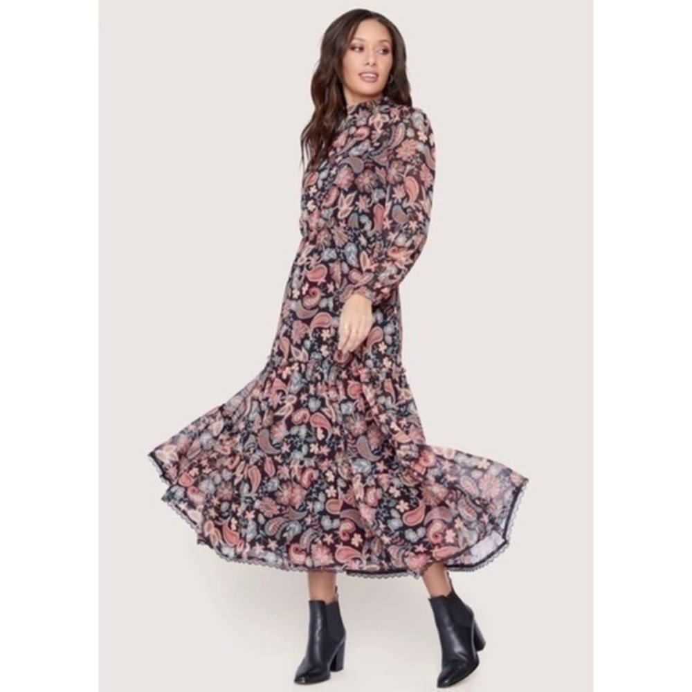 Lost + Wander Love Story Black Multicolor Paisley Floral Long Sleeve Midi Dress